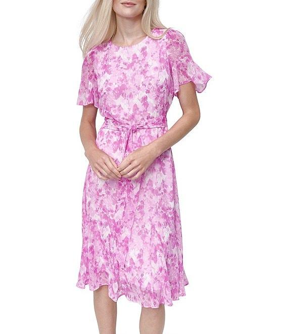 DKNY by Donna Karan Floral Printed Round Neckline Short Sleeve Tie Waist Midi Dress Product Image