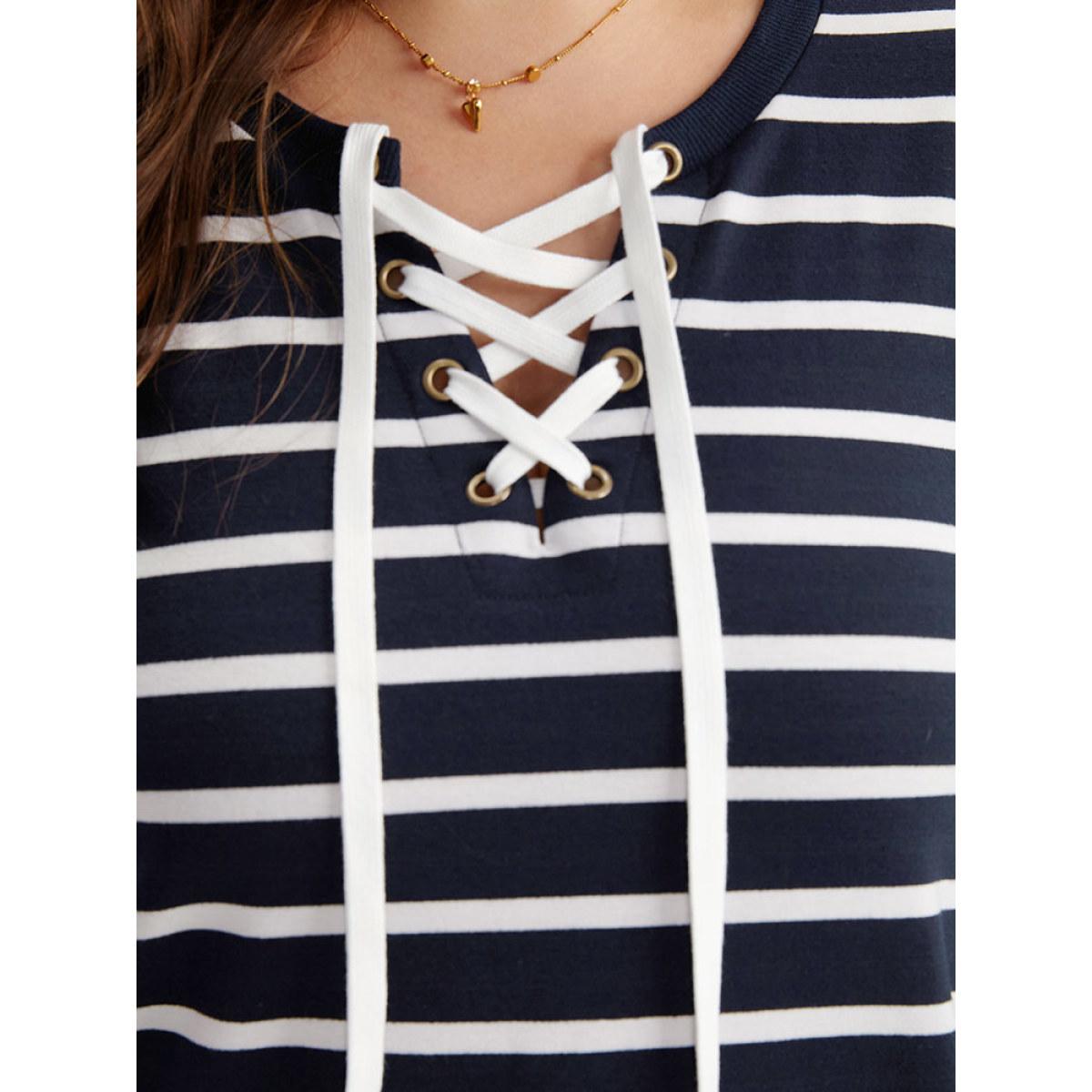 Plus Size Striped Patchwork Pocket Lace Up Sweatshirt Women Indigo Casual Elastic cuffs Notched collar Dailywear Sweatshirts BloomChic 12/L Product Image