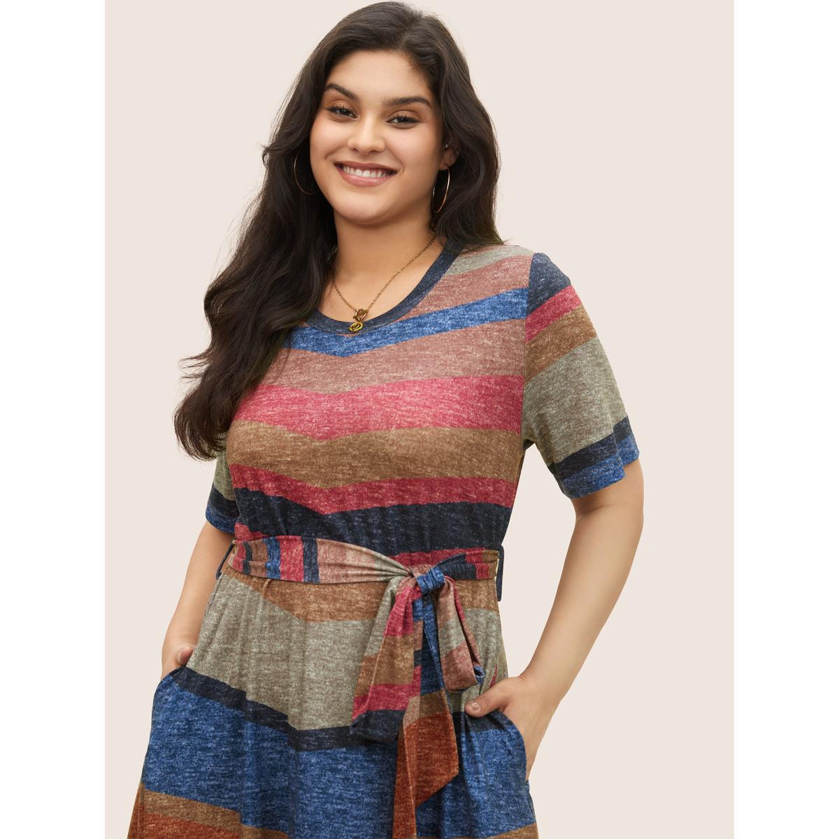 Plus Size Striped Colored Pocket Belted Dress Multicolor Women Casual Non Round Neck Short sleeve Curvy Midi Dress BloomChic 10/M Product Image