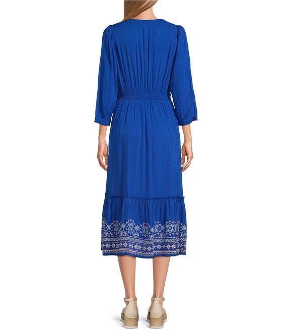 Nurture by Westbound Petite Size 3/4 Sleeve V-Neck Embroidered Midi Dress Product Image