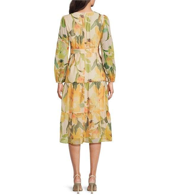 Adrianna Papell Long Sleeve V-Neck Floral Printed Organza A-Line Midi Dress Product Image