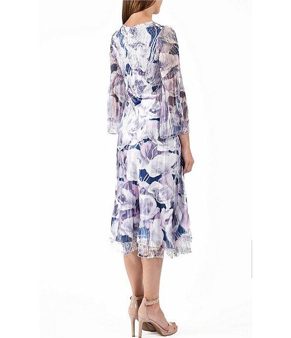 Komarov Pleated Floral V-Neck 3/4 Wide Chiffon Sleeve Layered Hem Midi Dress Product Image