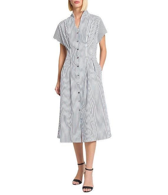 Ming Wang x Tanya Foster Cotton Pinstripe Stand Collar Short Sleeve Fit-And-Flare Dress Product Image
