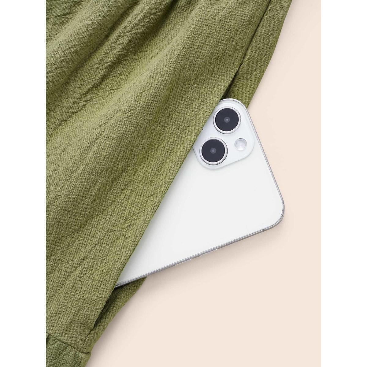 Plus Size Notched Shirred Ruffle Layered Hem Dress Olive Women Elegant Shirred Flat collar with V-notch Short sleeve Curvy BloomChic 28/5X Product Image