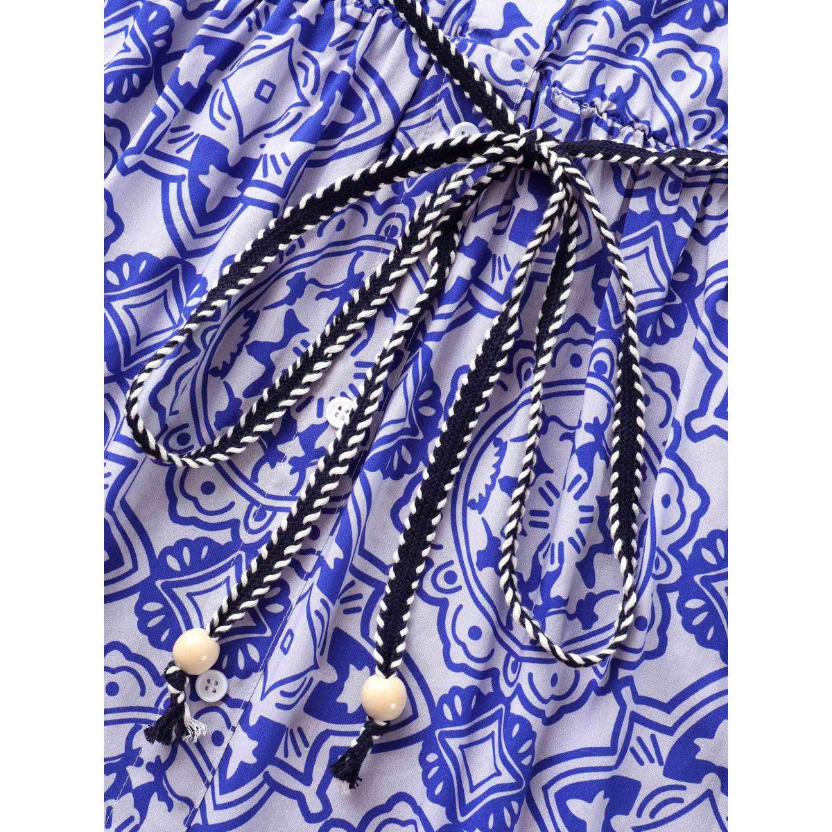 Plus Size Bandana Print Shirt Collar Belted Midi Dress Cerulean Women Cocktail Belted Shirt collar Long Sleeve Curvy BloomChic 26/4X Product Image