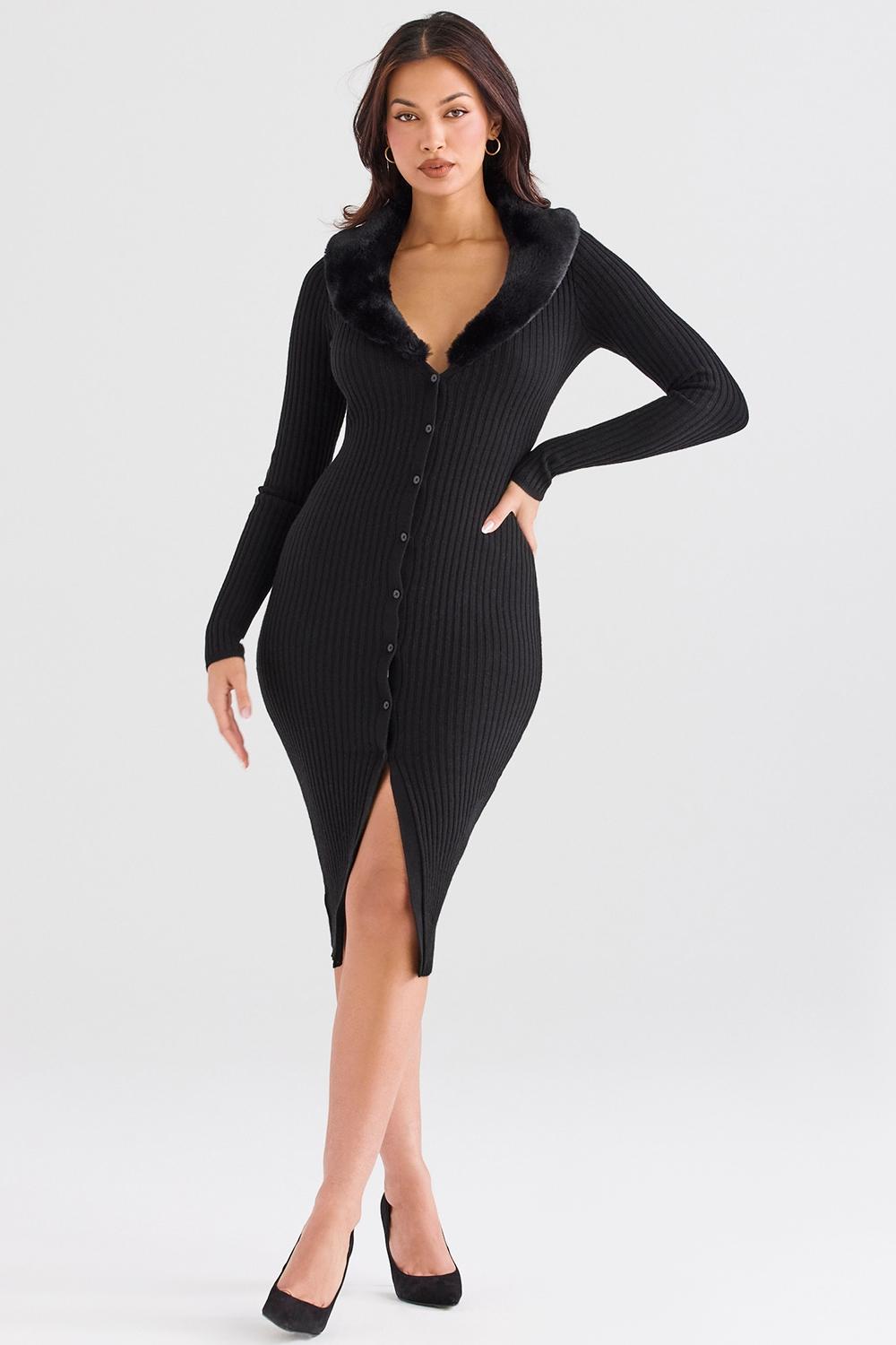 Raine  black faux fur trim dress - sale Product Image