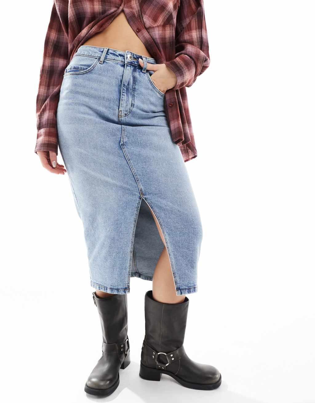 Vero Moda denim midi skirt with tie waist in light blue Product Image