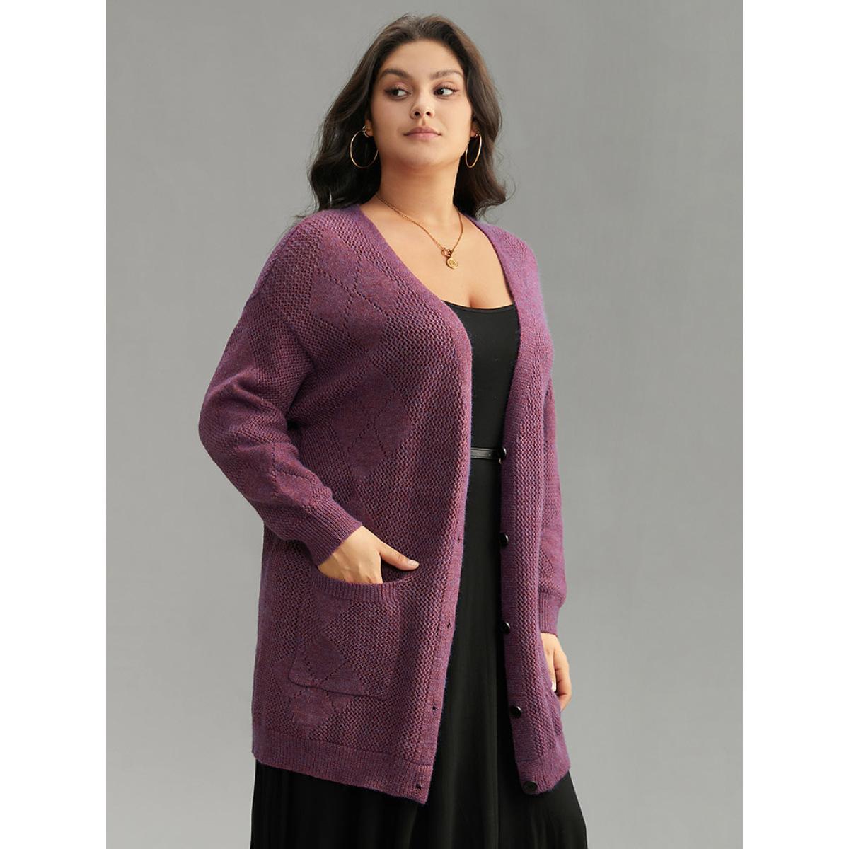 Plus Size Geometric Heather Pocket Button Up Cardigan Purple Women Casual Loose Long Sleeve Dailywear Cardigans BloomChic 10/M Product Image
