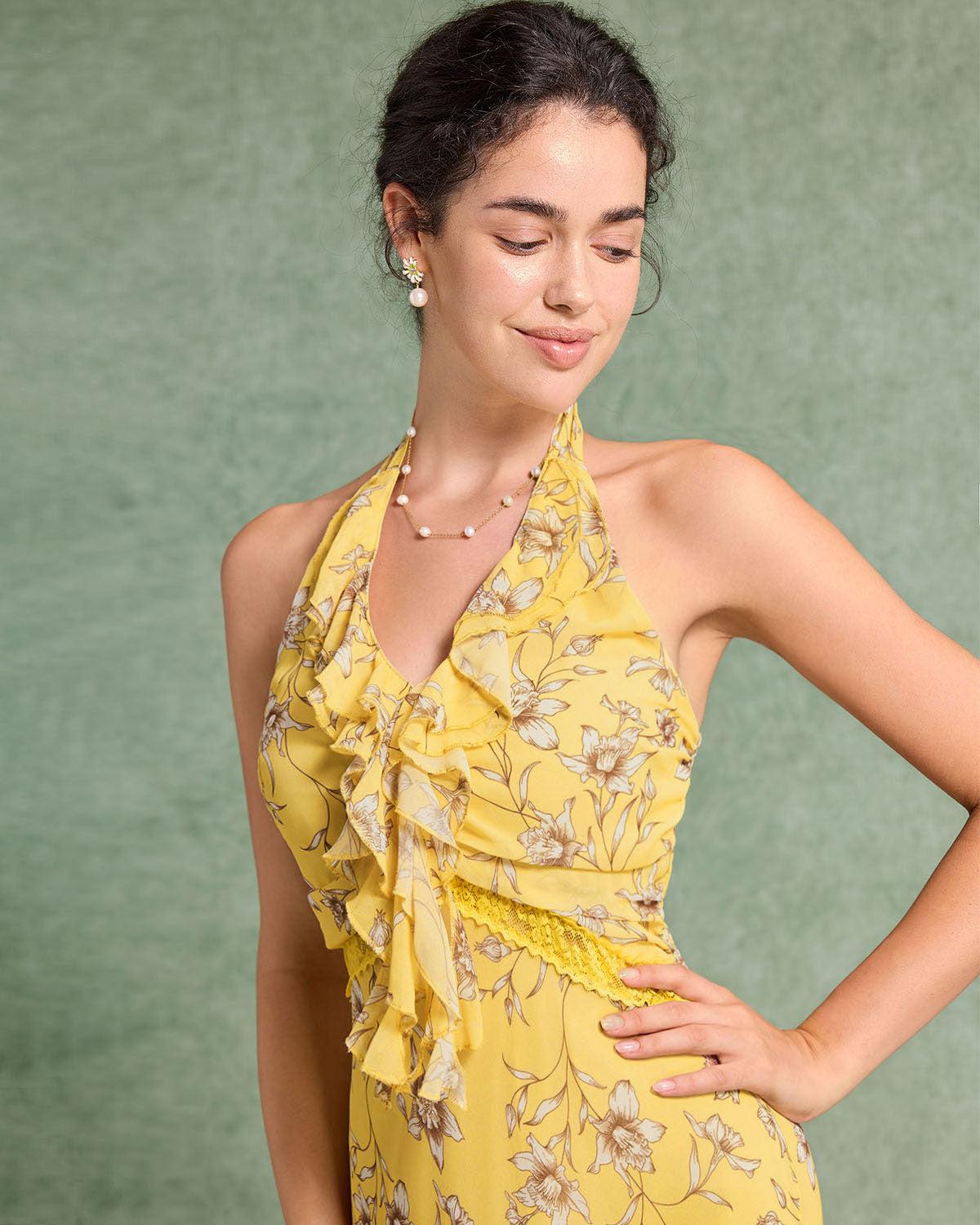 Yellow Floral Shirred Halter Maxi Dress Product Image
