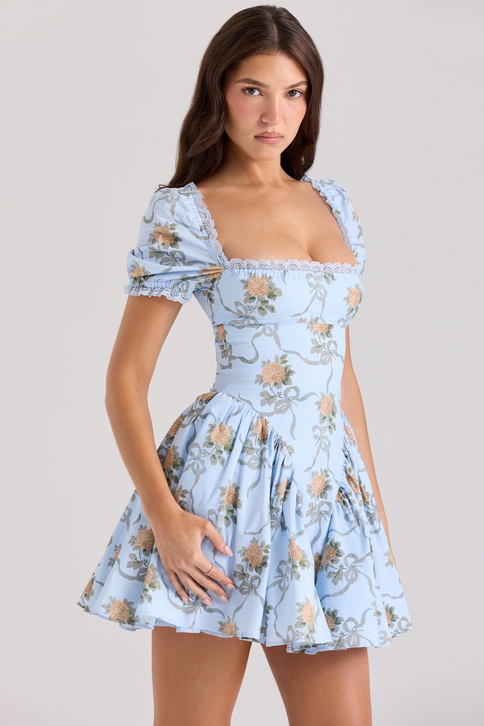 Rosie  blue rose print cotton mini dress Product Image