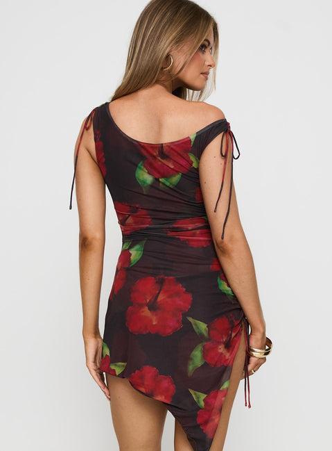 Harmonie One Shoulder Mini Dress Brown / Red Product Image