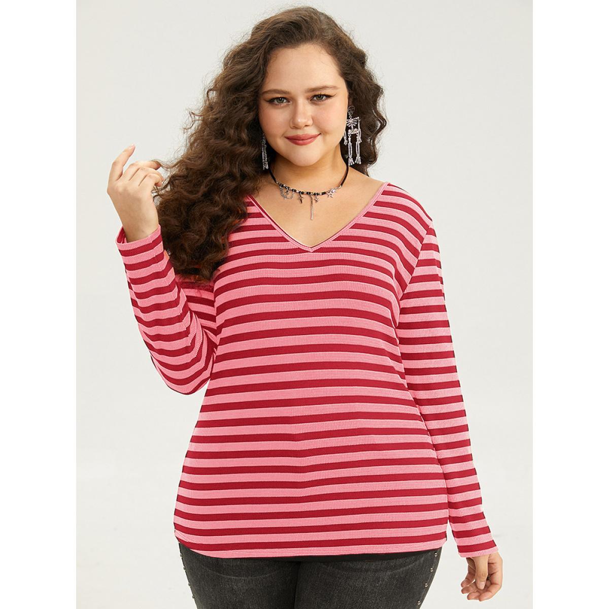 Plus Size Halloween V Neck Contrast Striped T-shirt Red Women Casual Contrast Striped V-neck Festival-Halloween T-shirts BloomChic 18-20/2X Product Image