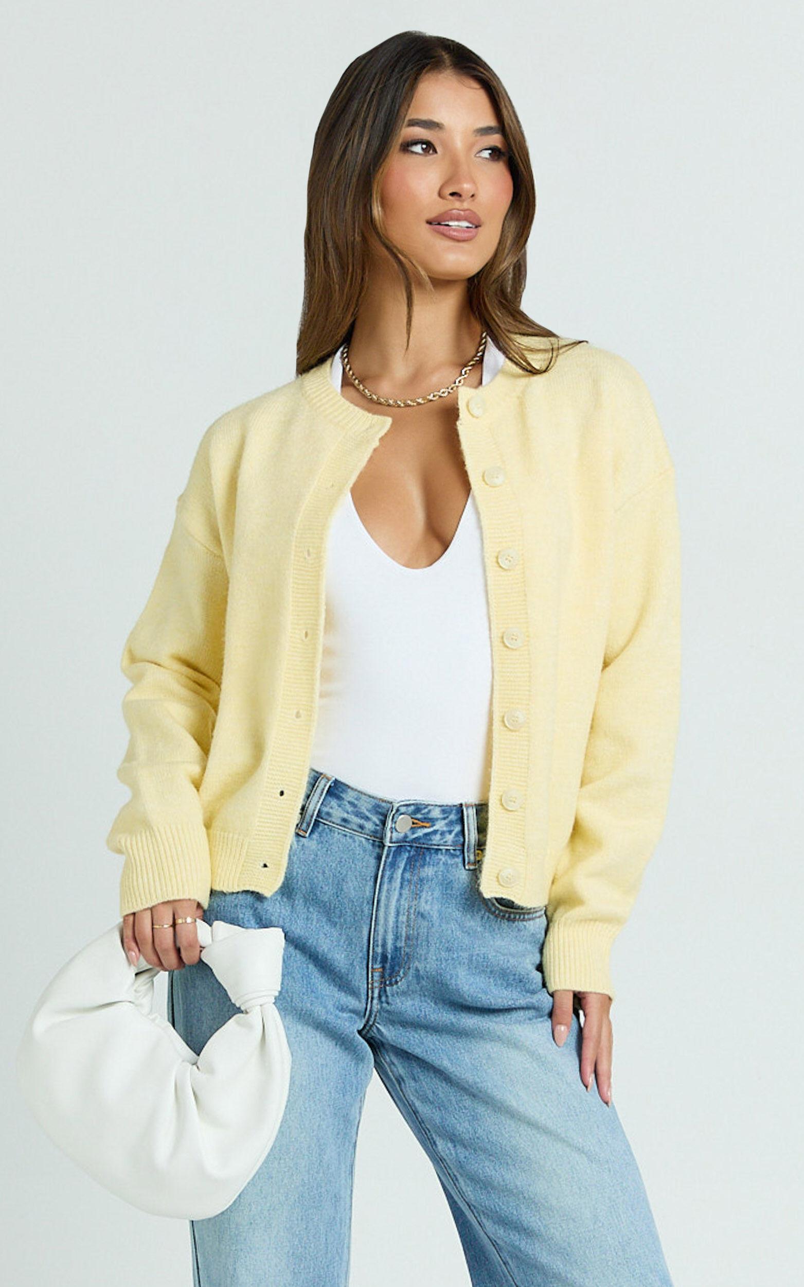 Lucille Cardigan - Button Through Scoop Neck Knit Cardigan in Lemon Product Image