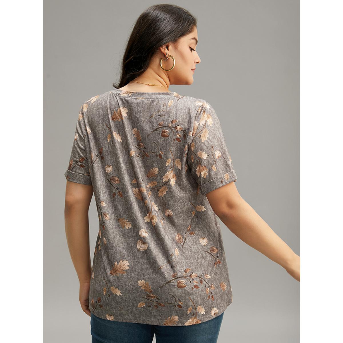 Plus Size Halloween Letter & Plant Print Cuffed Sleeve T-shirt Gray Women Casual Printed Positive slogan Round Neck Festival-Halloween T-shirts BloomChic 22-24/3X Product Image