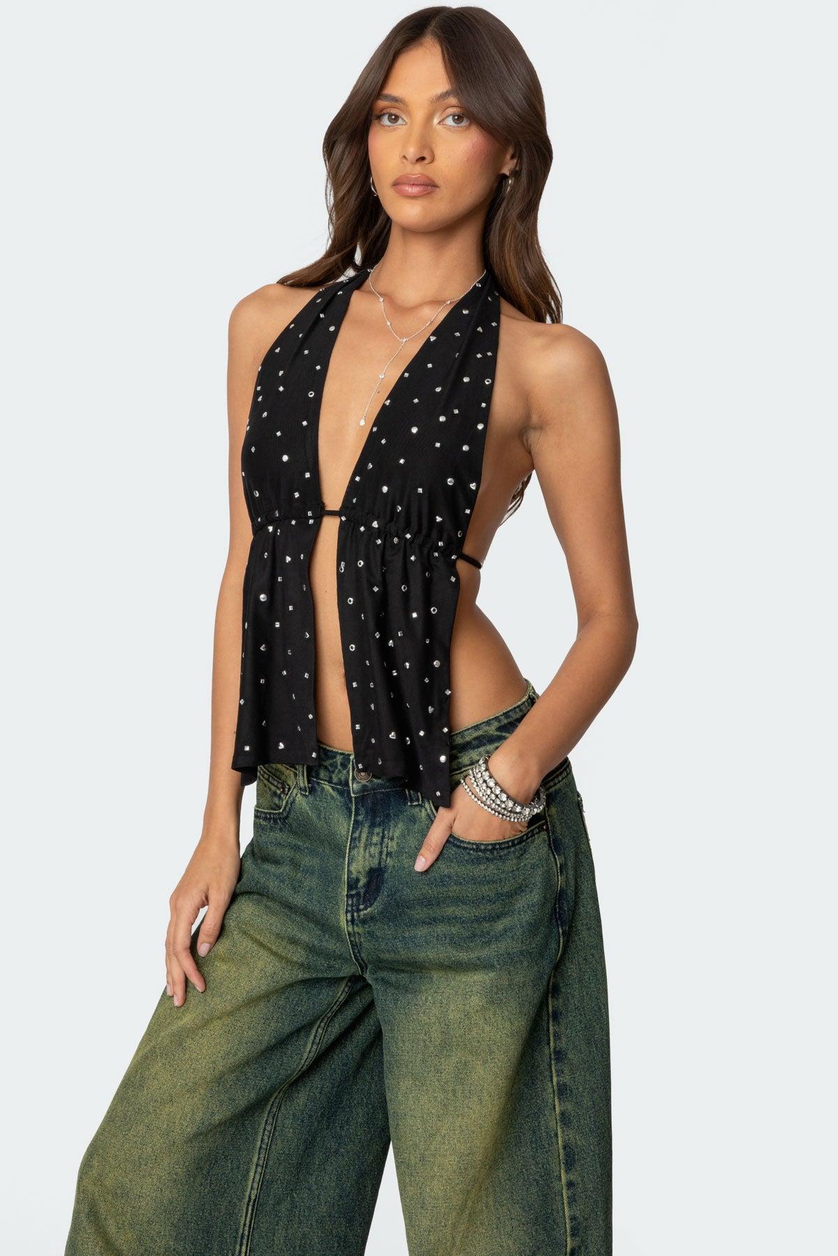Studded Open Back Halter Top Product Image