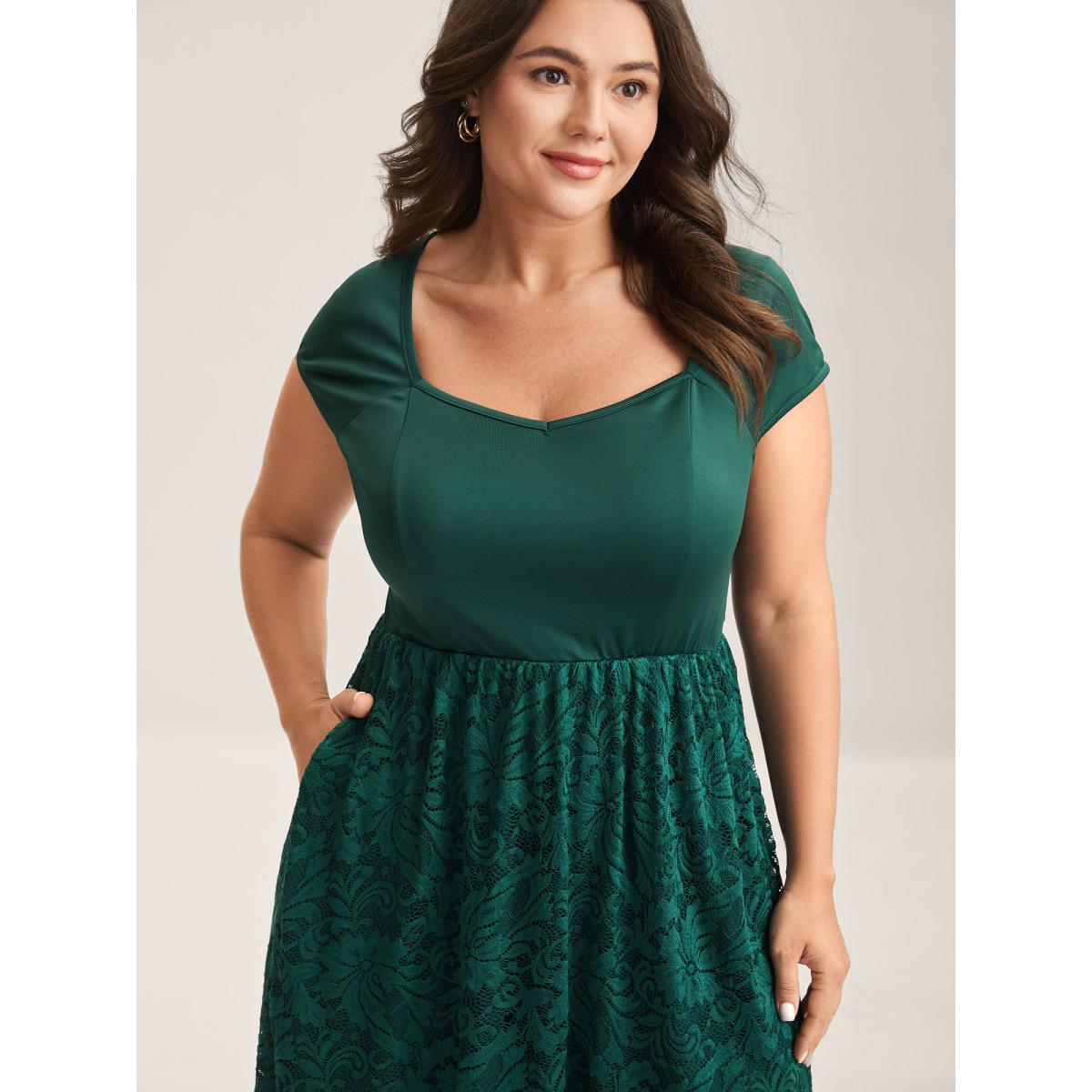 Plus Size Sculpted Lace Stretchy Waist Midi Dress Cyan Women Heart neckline Sleeveless Curvy BloomChic 26/4X Product Image