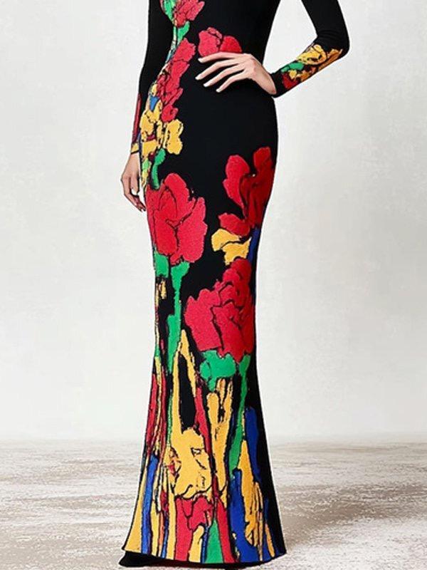 Skinny Flower Print Multi-Colored High Neck Maxi Dresses Product Image