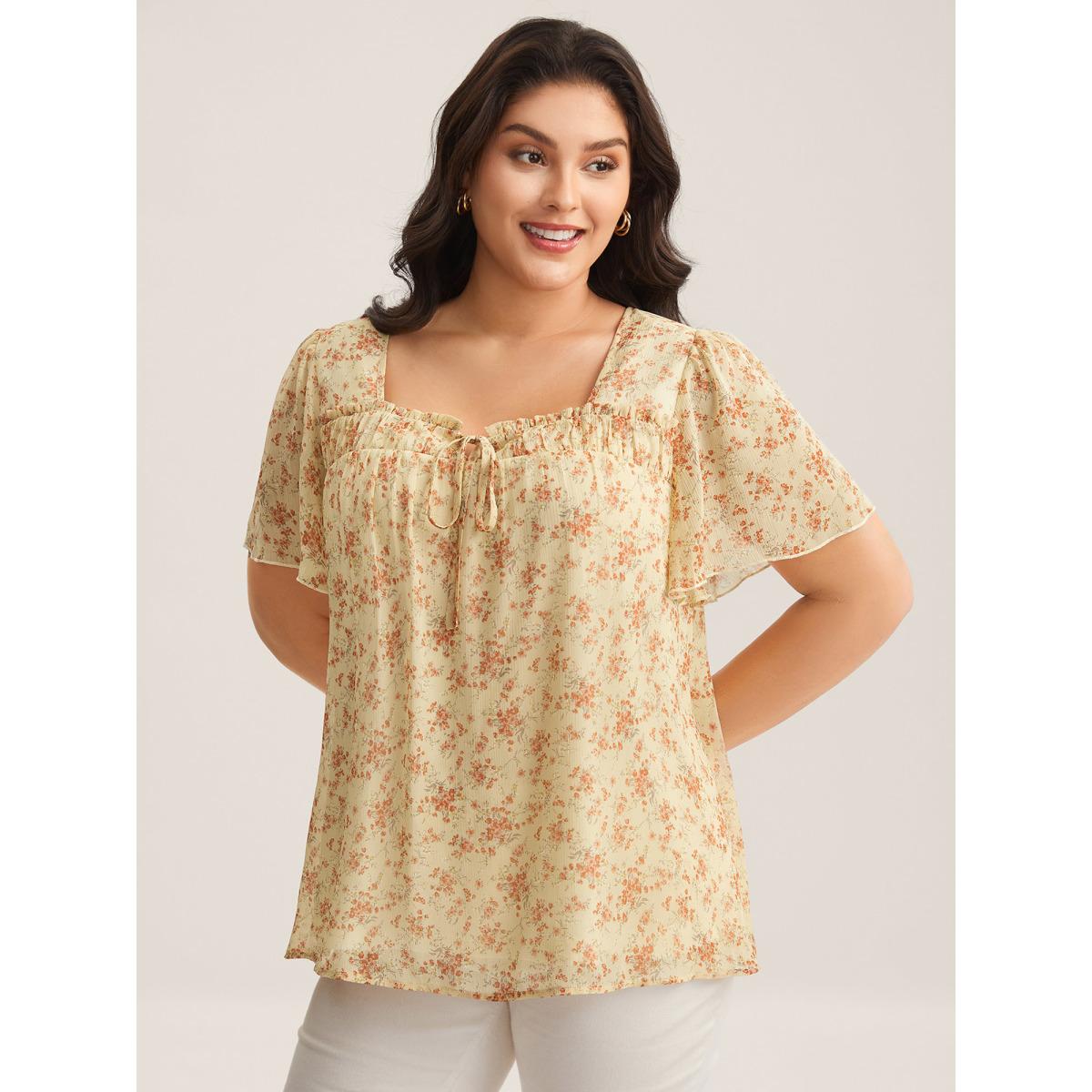 Plus Size Lightyellow Chiffon Floral Print Neck Tie Blouse Women Short sleeve Square Neck Everyday-Elegant Blouses BloomChic 30/6X Product Image