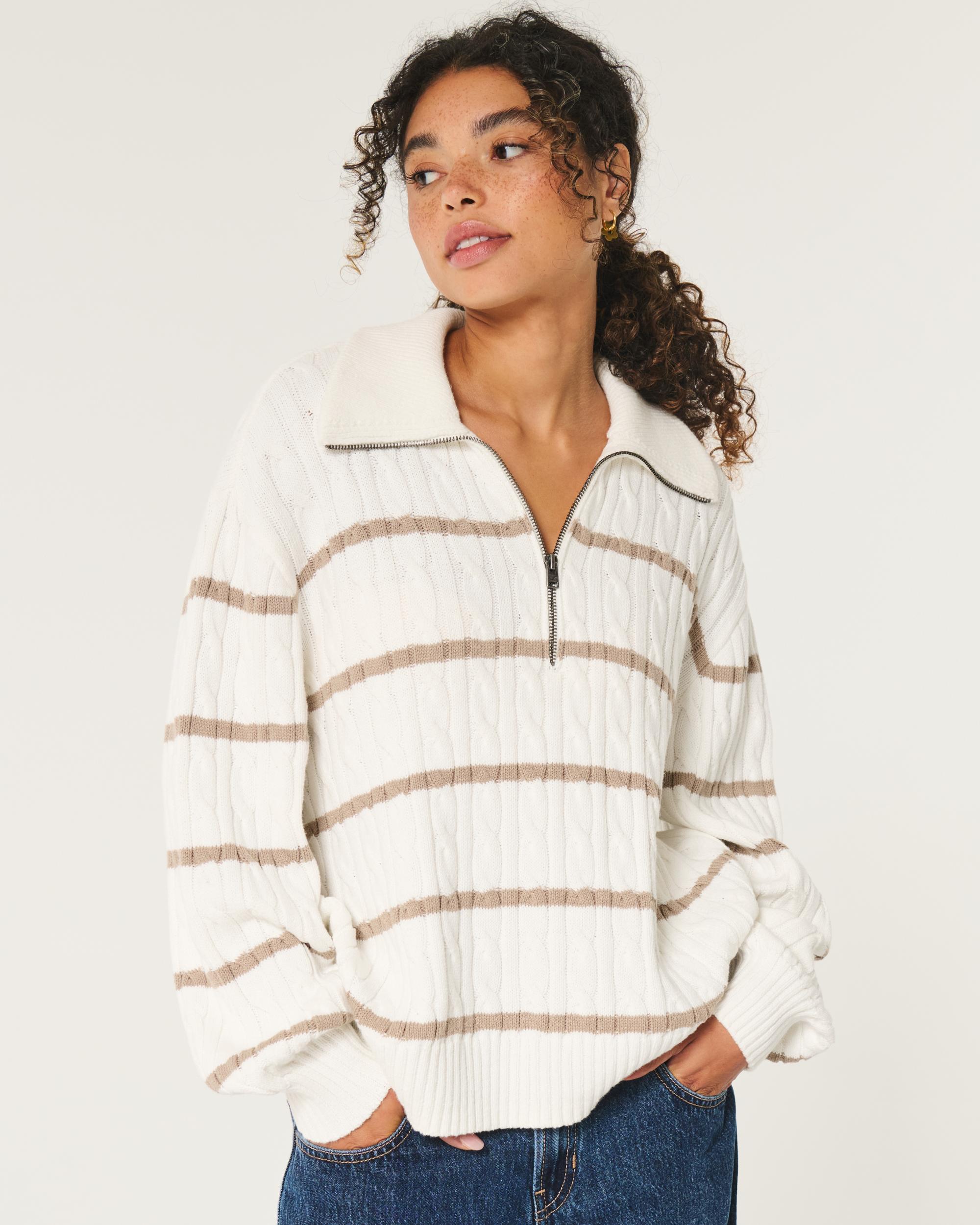 Oversized Cable-Knit Half-Zip Sweater Product Image