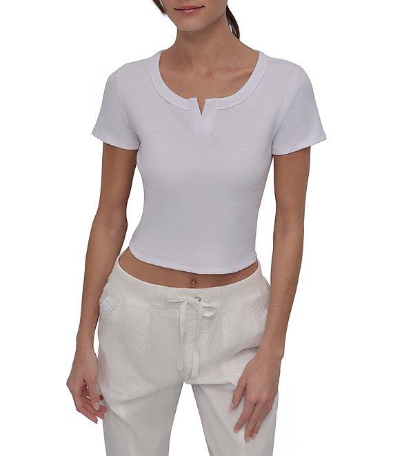 DKNY Sport by Donna Karan Ribbed Notched Crew Neck Short Sleeve Cropped Tee Product Image