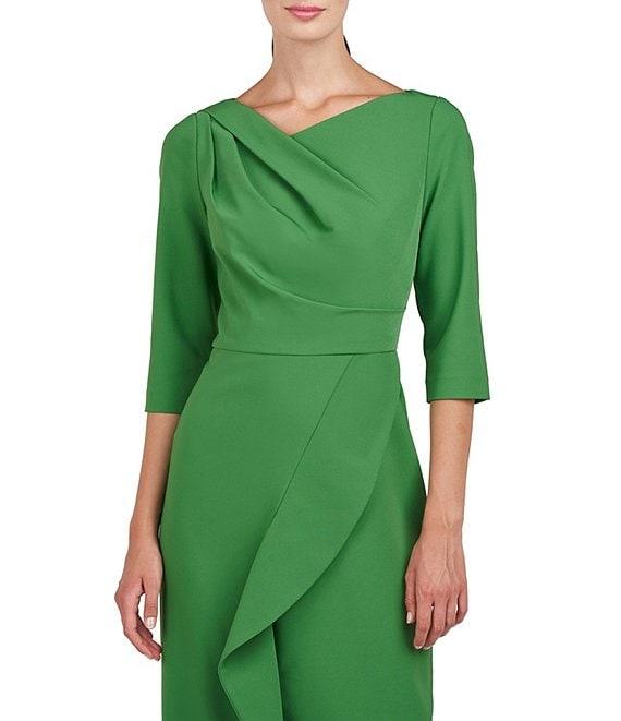Kay Unger Stretch Crepe Asymmetrical Neckline 3/4 Sleeve Ruffle Front Midi Dress Product Image