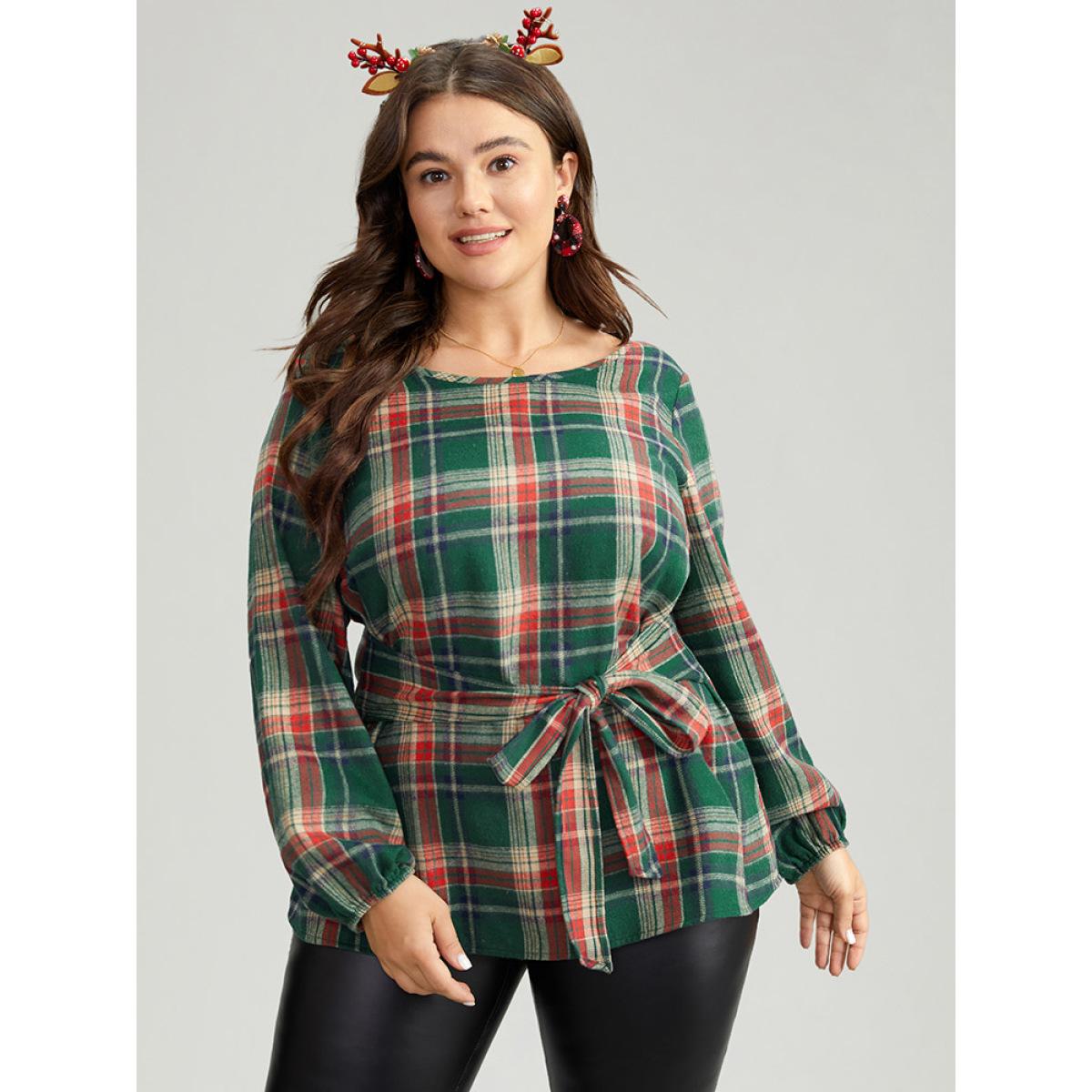 Plus Size DarkGreen Christmas Plaid Ties Lantern Sleeve Blouse Women Elegant Long Sleeve Round Neck Festival-Christmas Blouses BloomChic 30/6X Product Image
