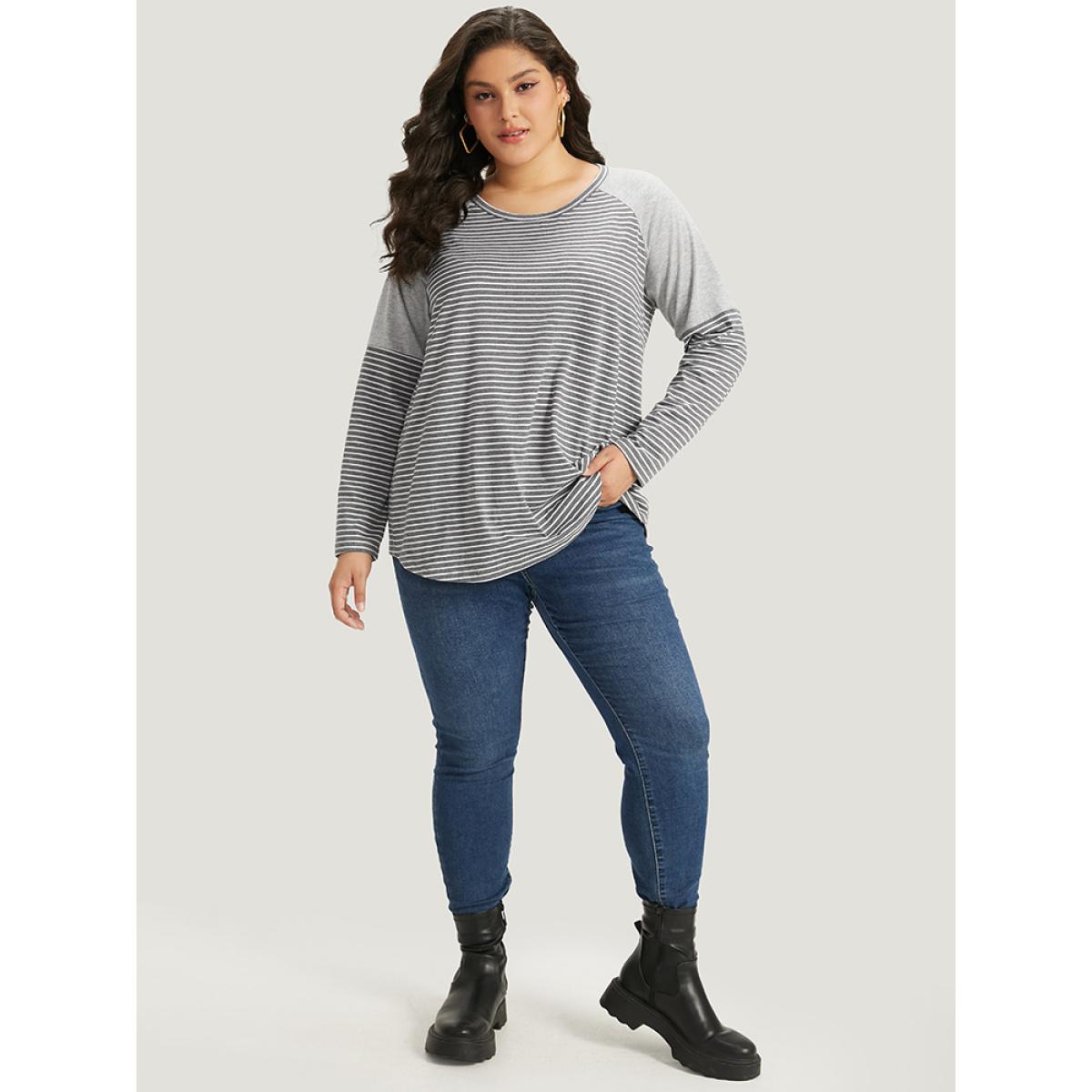 Plus Size Striped Patchwork Crew Neck Raglan Sleeve T-shirt Gray Women Casual Patchwork Striped Round Neck Dailywear T-shirts BloomChic 22-24/3X Product Image