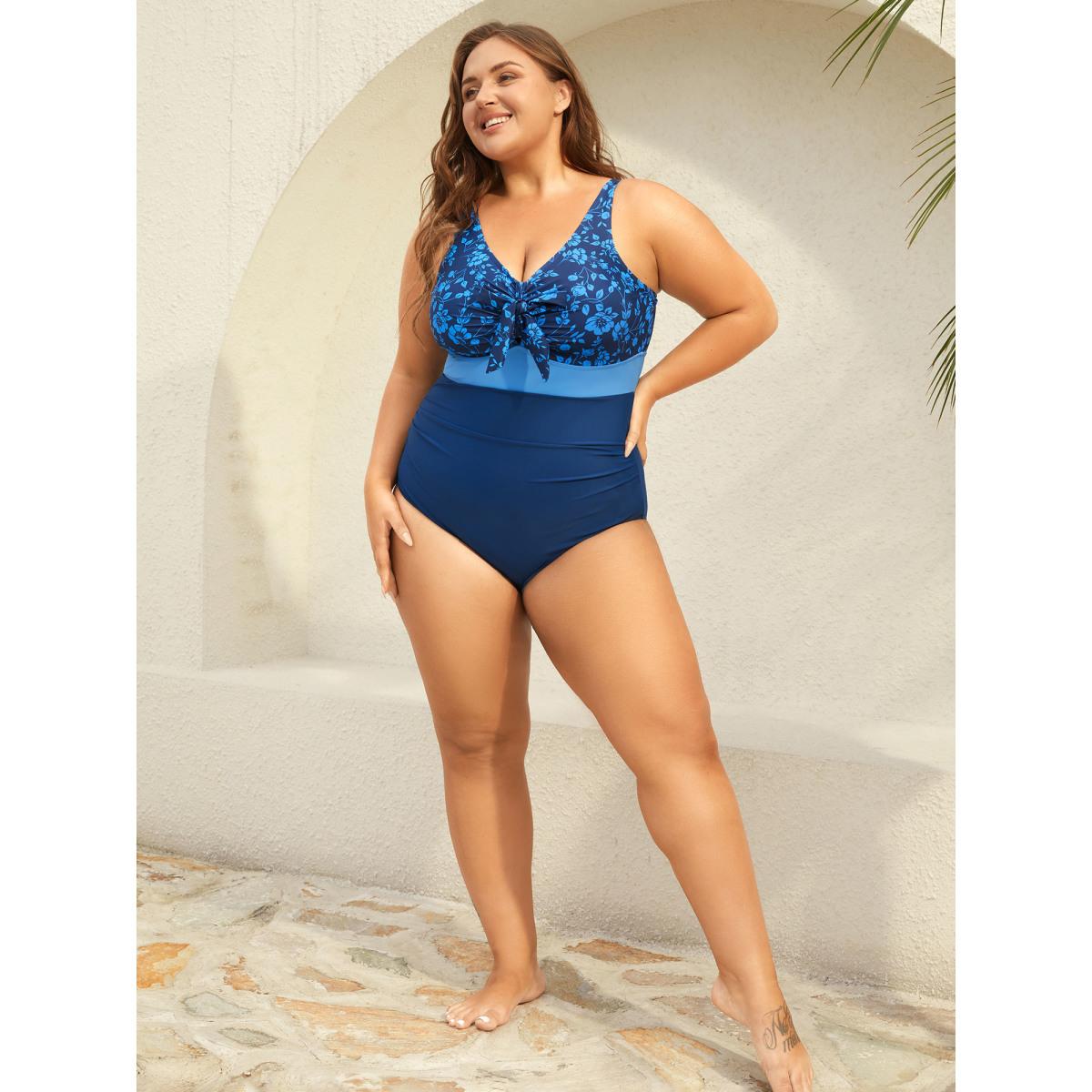 Plus Size Floral Front-Knot One-Piece Swimsuit Women's Swimwear Indigo Beach Gathered Curve Bathing Suits High stretch One Pieces BloomChic 10/M Product Image