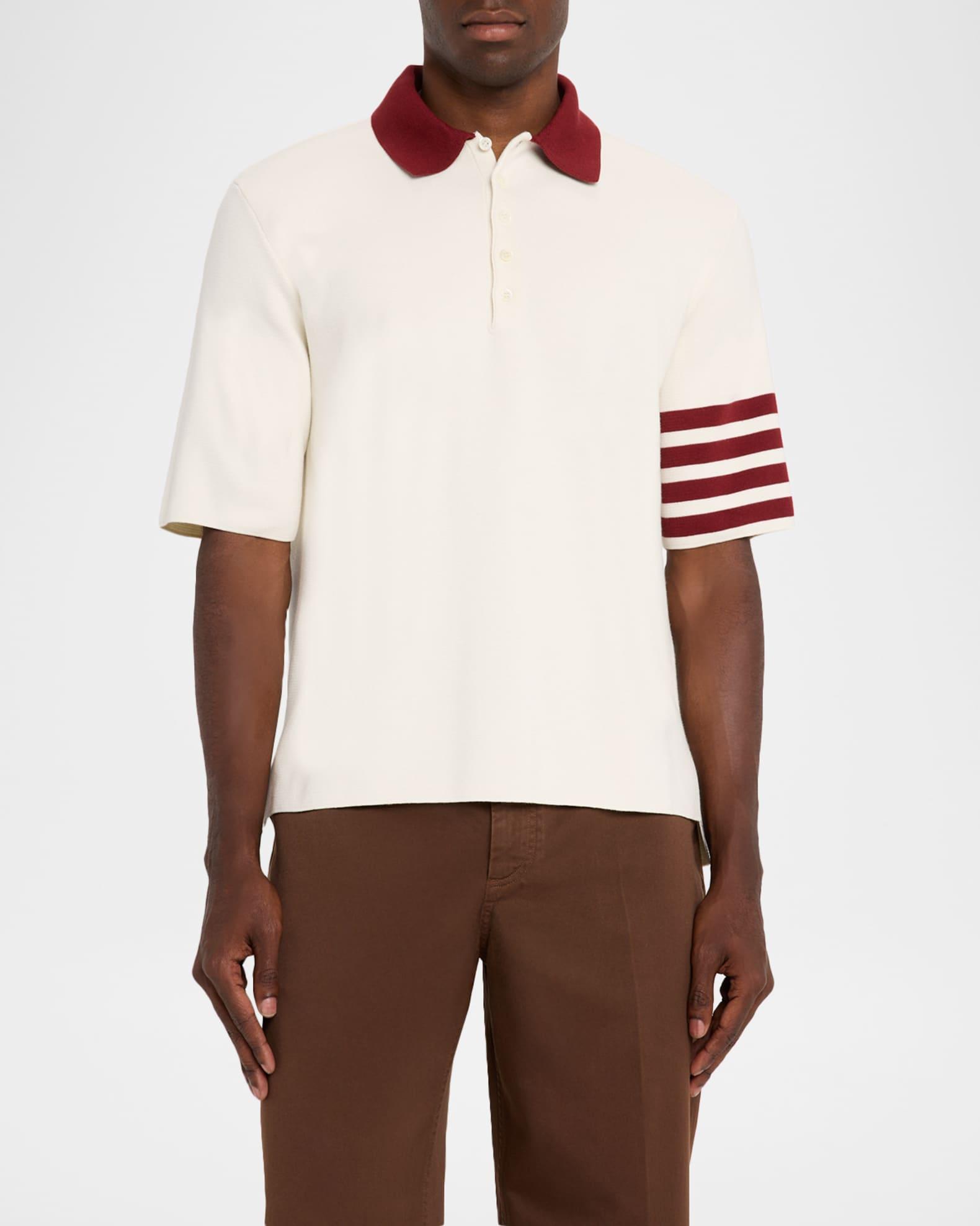Men's Ecru Cotton Stripe-Sleeve Polo Shirt Product Image