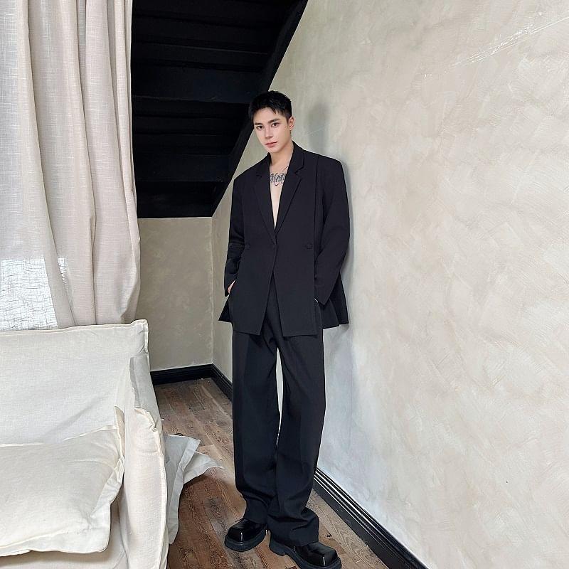 Set: Lapel Collar Plain Slit Button Blazer + Mid Rise Plain Dress Pants Product Image