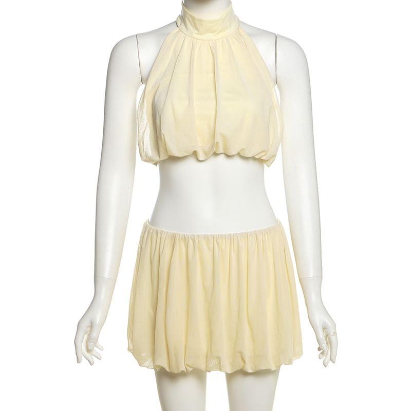 Set: Halter Mock Neck Plain Crop Top + Elastic Waist Mini Balloon Skirt Product Image