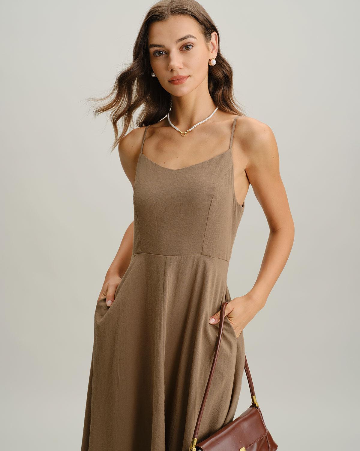 Khaki A-Line Pleated Slip Midi Dress Product Image