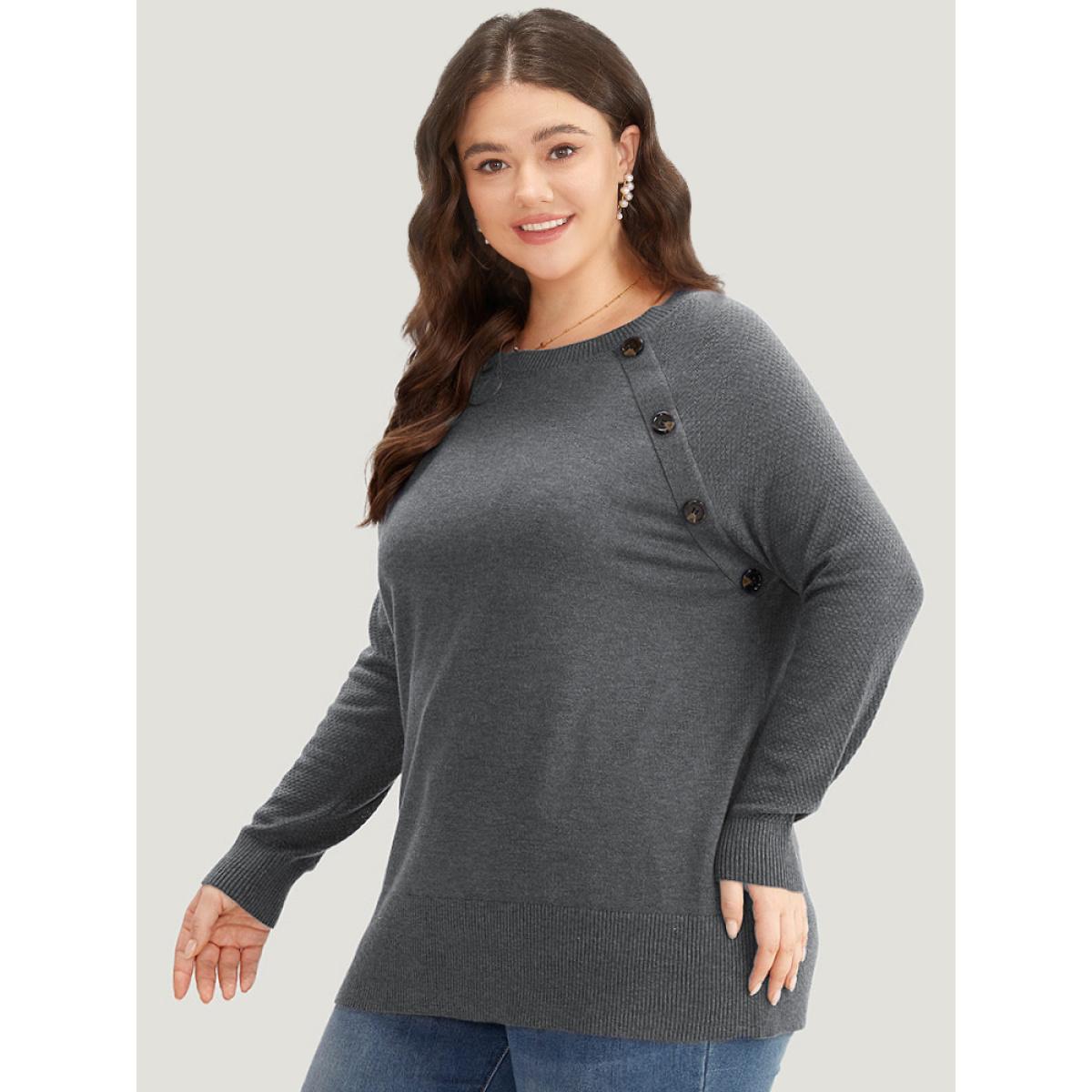 Plus Size Supersoft Essentials Button Detail Raglan Sleeve Pullover DimGray Women Casual Long Sleeve Round Neck Dailywear Pullovers BloomChic 26/4X Product Image