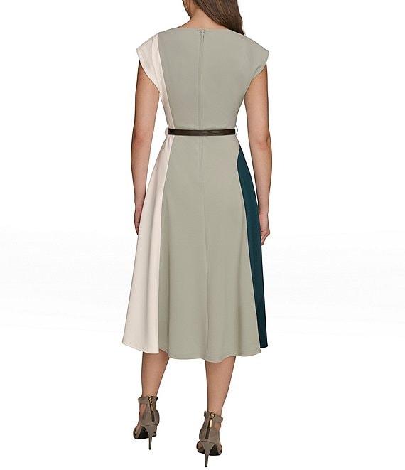 Donna Karan Scuba Crepe Short Sleeve A-Line Belted Midi Dress Product Image