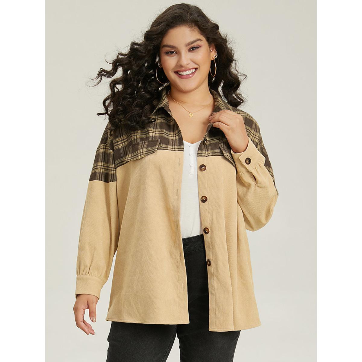 Plus Size Plaid Button Through Patchwork Contrast Jacket Women Tan Contrast Dailywear Jackets BloomChic 28/5X Product Image