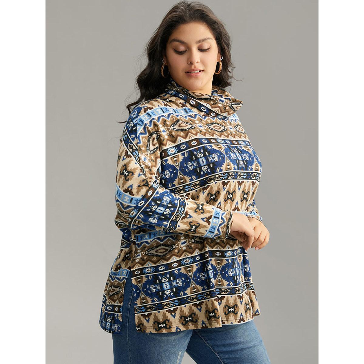 Plus Size Bandana Print Turtleneck Split Hem T-shirt Indigo Women Casual Printed Bohemian Print Turtleneck Dailywear T-shirts BloomChic 14-16/1X Product Image