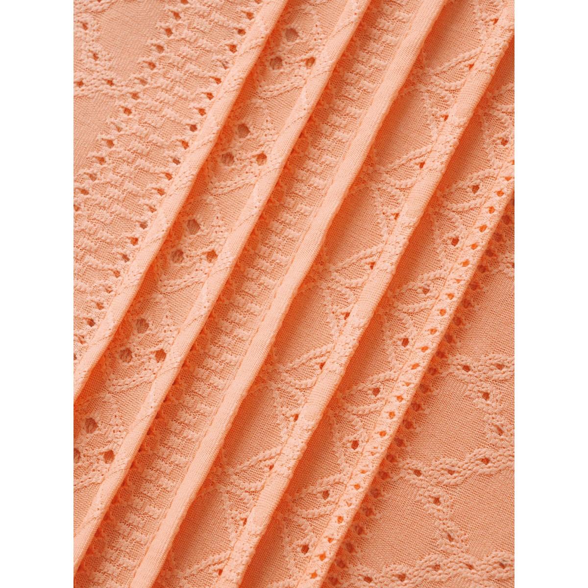 Plus Size Notched Broderie Anglaise Pleated T-shirt Lightorange Women Casual Texture Flat collar with V-notch Everyday T-shirts BloomChic 26/4X Product Image