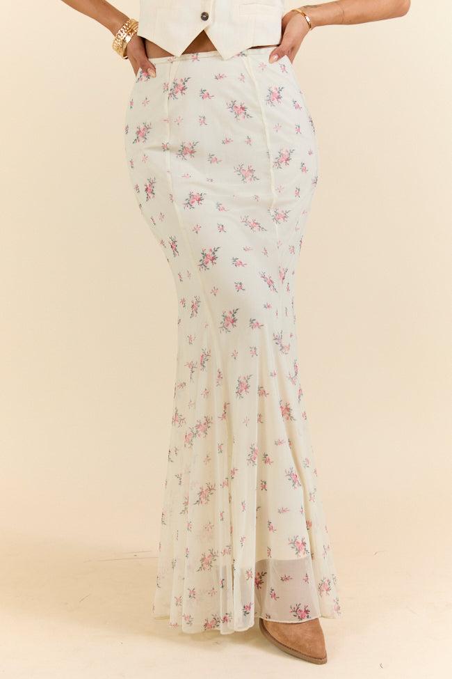 Floral Echo Ivory and Pink Knit Maxi Skirt Product Image