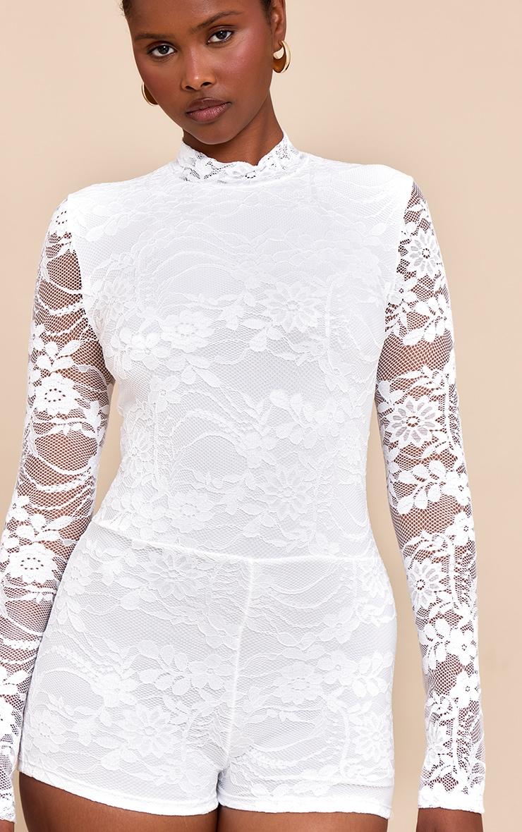 White Lace Lined Long Sleeve Boat Neck Romper Product Image