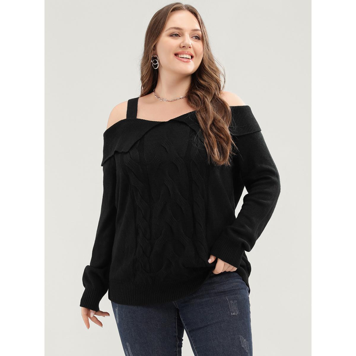 Plus Size Solid Pointelle Knit Cold Shoulder Knit Top Black Women Elegant Long Sleeve Cold Shoulder Dailywear Pullovers BloomChic 12/L Product Image