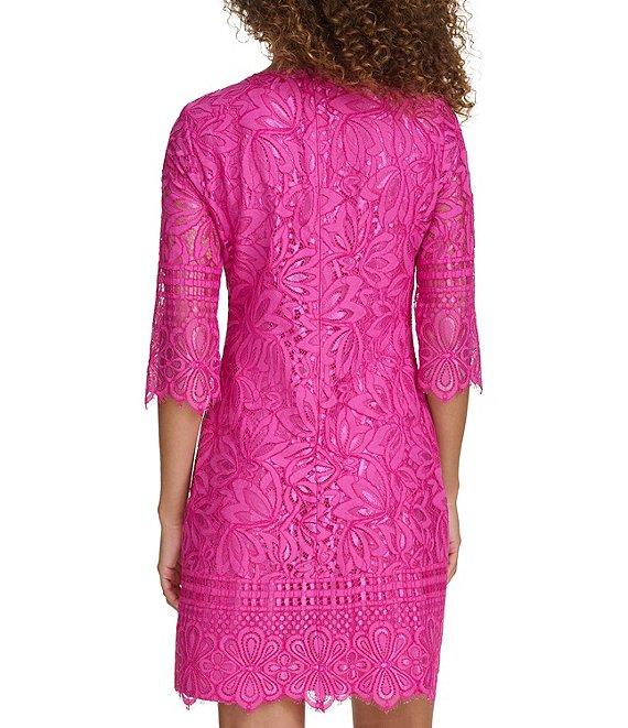 Kensie 3/4 Illusion Sleeve Contrasting Corded Floral Lace Scalloped Hem Sheath Dress Product Image
