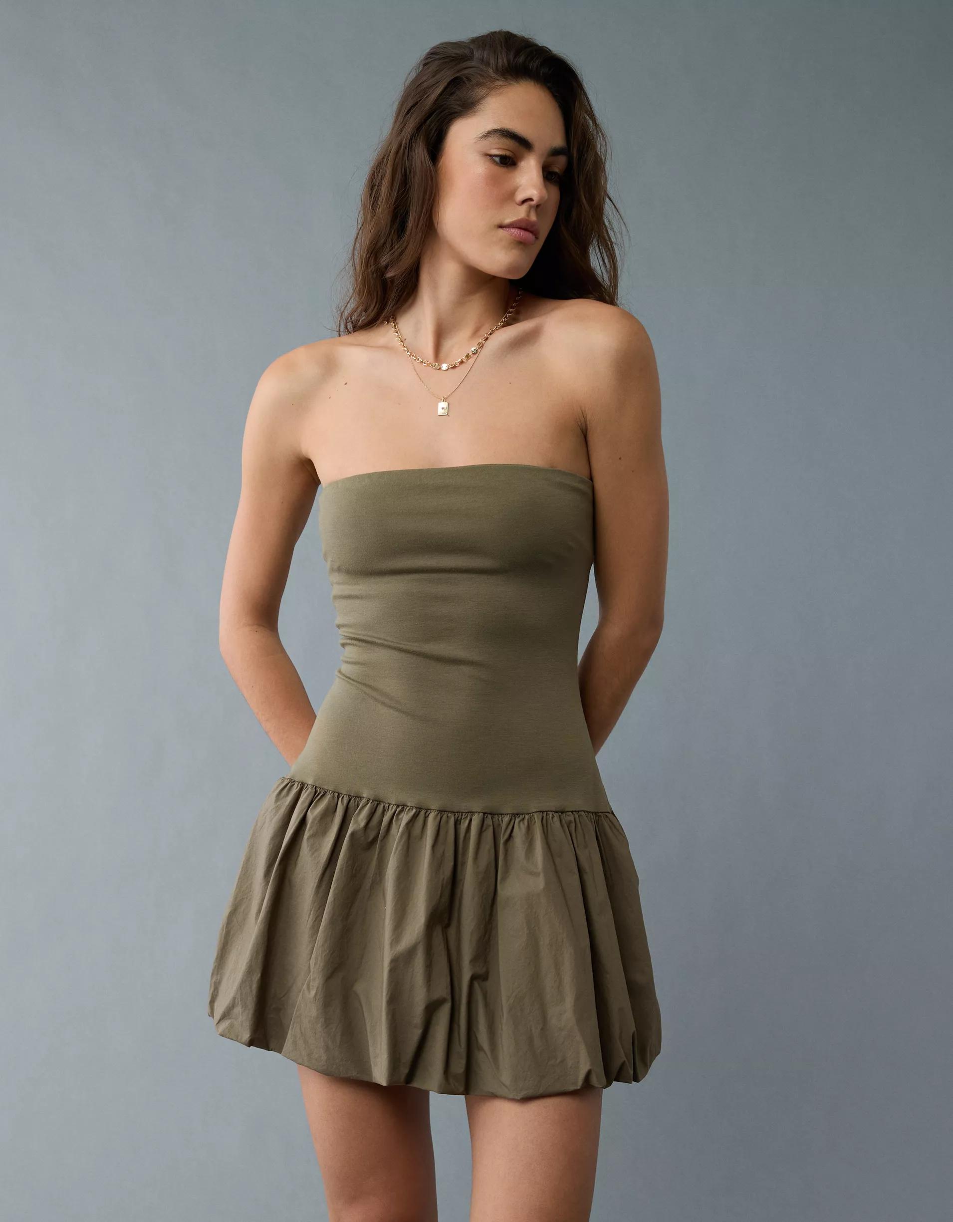 AE Strapless Drop Waist Bubble Mini Dress Product Image