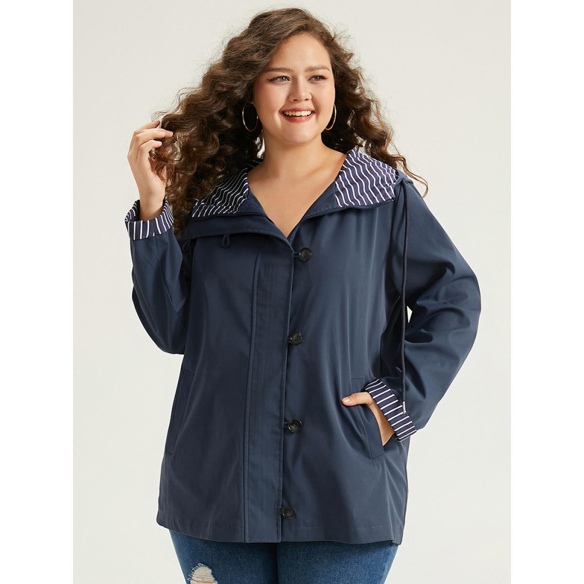 Plus Size Striped Patchwork Zipper Pocket Drawstring Coat Women DarkBlue Casual Contrast Ladies Everyday Winter Coats BloomChic 26/4X Product Image