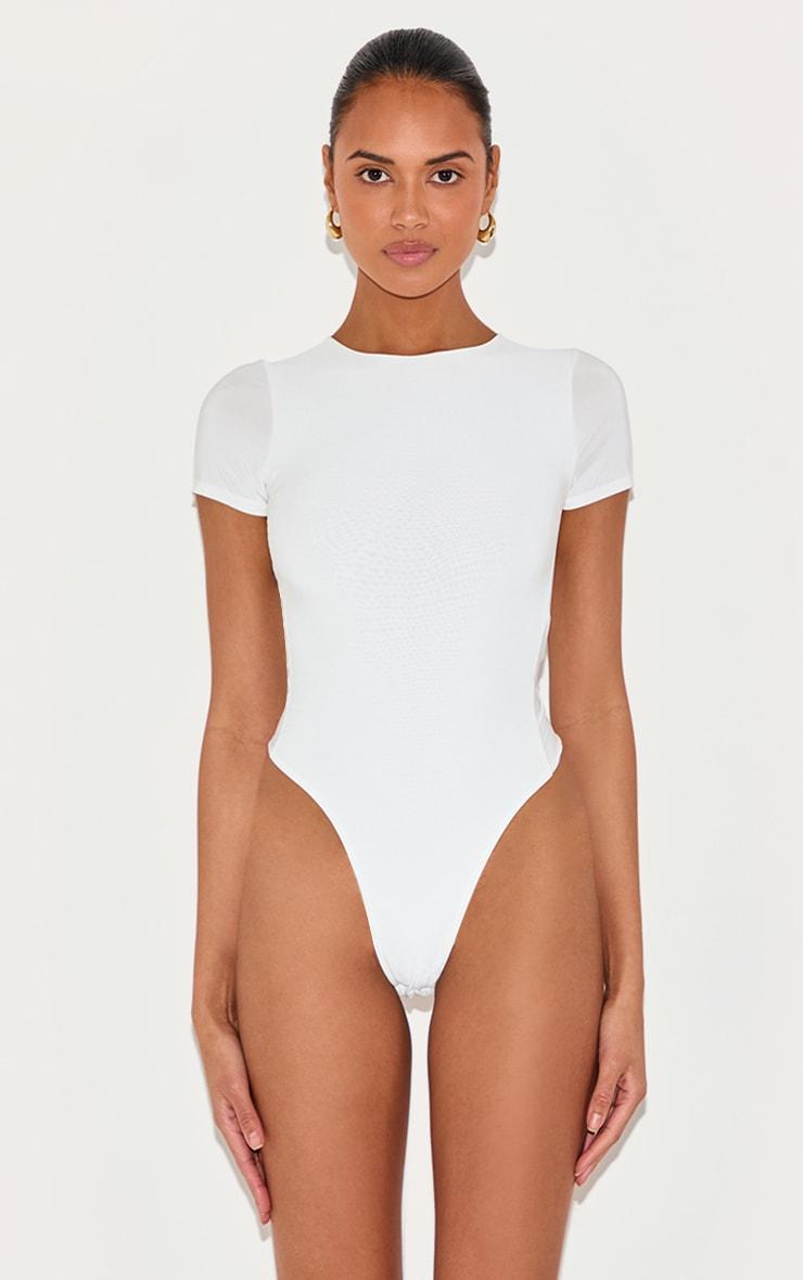 White Basic Slinky Short Sleeve Bodysuit Product Image