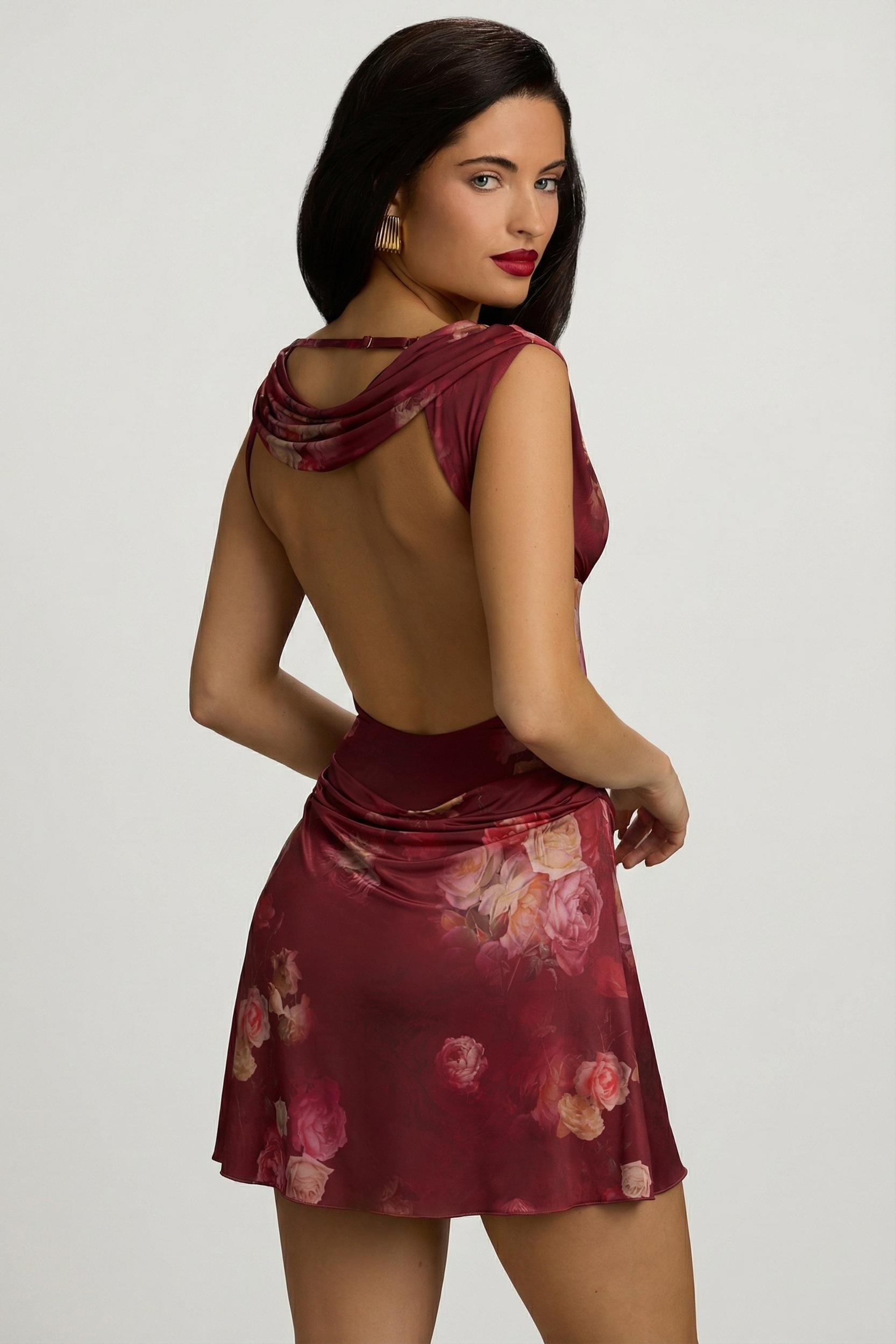 Draped Open-Back A-Line Mini Dress in Maroon Floral Print Product Image