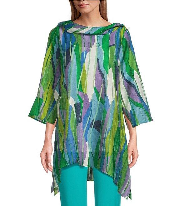 IC Collection Abstract Print Burnout Sharkbite Hem Cowl Neck Bracelet Sleeve Tunic Product Image