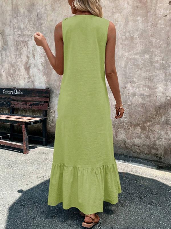 A-Line Loose Pleated Ruffle Trim Solid Color V-Neck Maxi Dresses Product Image