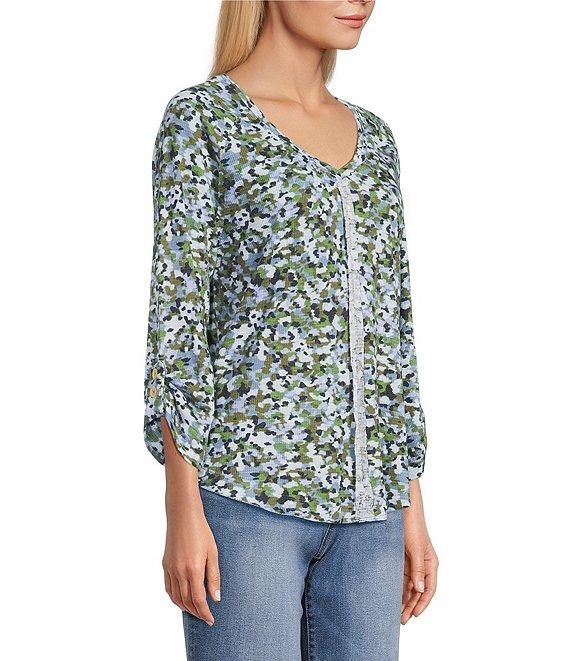 Westbound Petite Size Knit Beryl Green Marker Garden 3/4 Bell Sleeve V-Neck Top Product Image