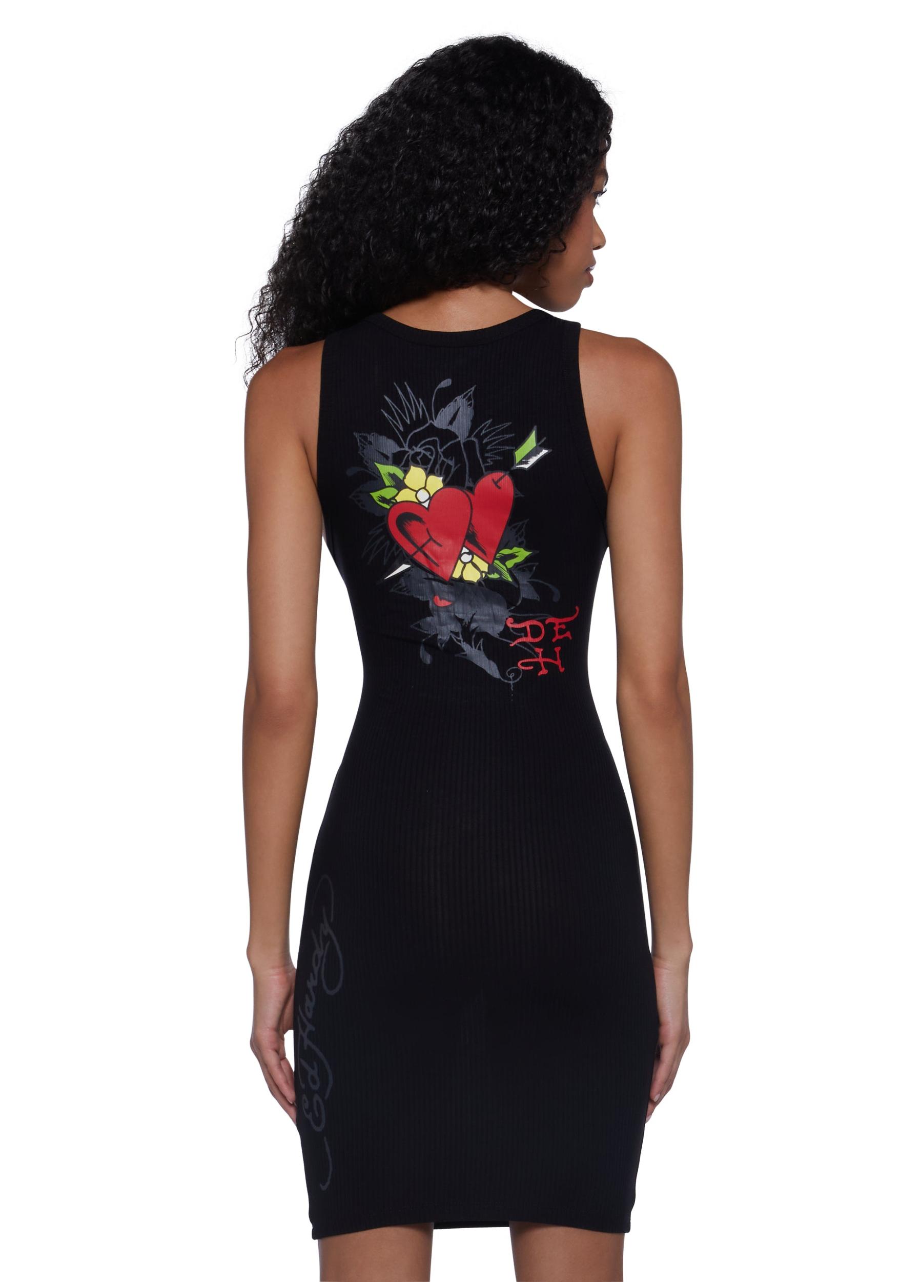 Ed Hardy Heart Wings Cut Out Ribbed Tank Dress - Black Product Image