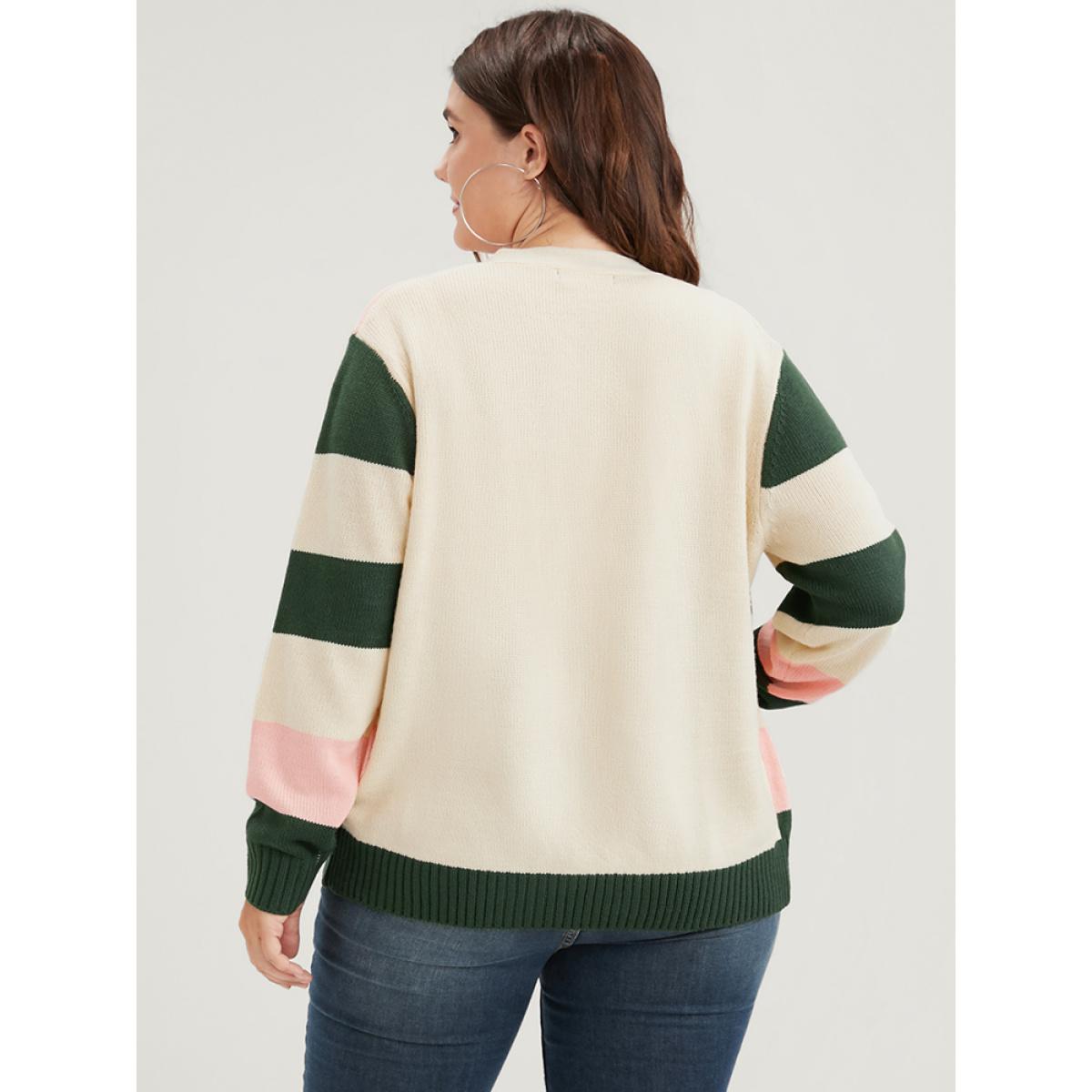 Plus Size Striped Colorblock Contrast Pointelle Knit Button Front Cardigan Beige Women Casual Long Sleeve Dailywear Cardigans BloomChic 28/5X Product Image